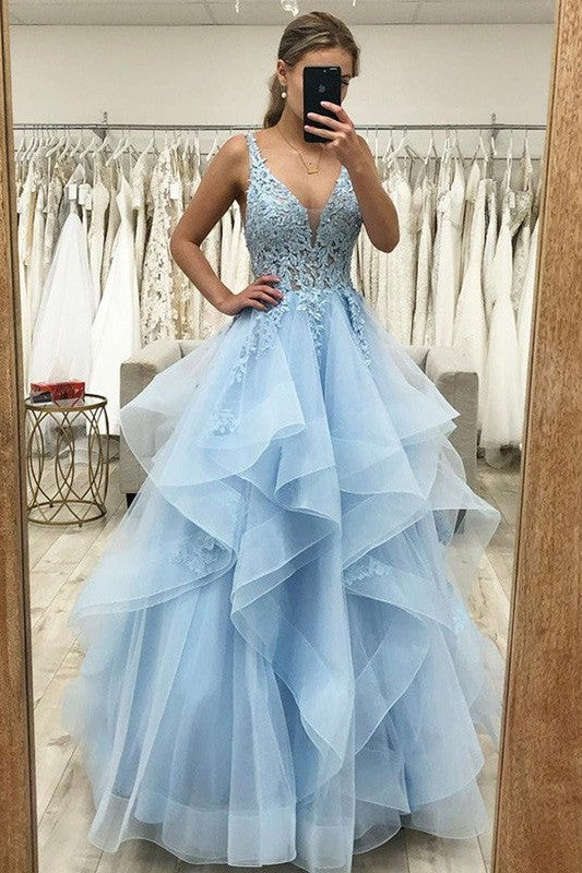 Elegant Tulle Ball Dress Appliques V-neck Sleeveless Long Prom Dress-ballbellauk