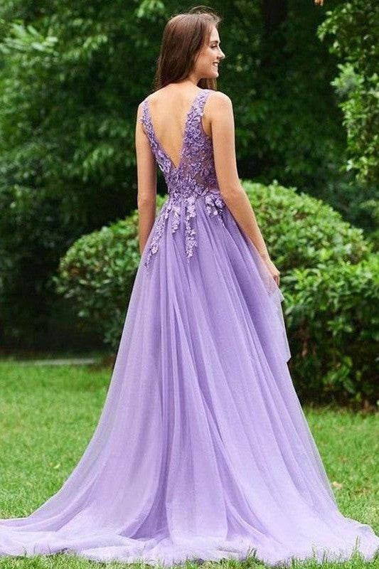 Elegant Tulle Ball Dress Appliques V-neck Sleeveless Prom Dress-ballbellauk