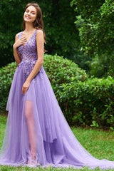 Elegant Tulle Ball Dress Appliques V-neck Sleeveless Prom Dress-ballbellauk