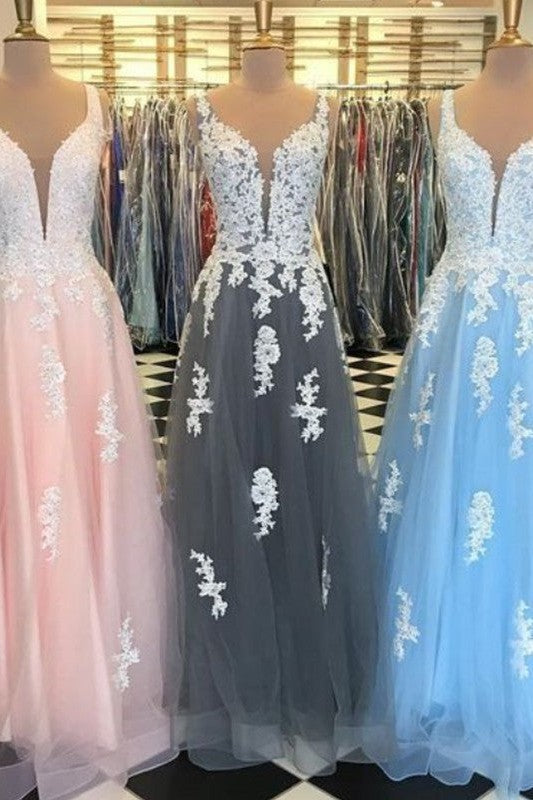 Elegant Tulle Ball Dress V-neck Sleeveless Long Prom Dress Appliques-ballbellauk