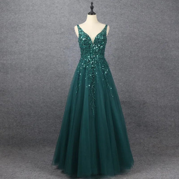 Elegant V Neck A Line Prom Dress UK with Appliques-ballbellauk