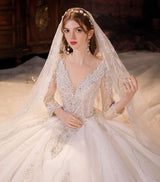 Elegant V-Neck Ball Gown Wedding Dress With Sequins Crystals Long Sleeves-ballbellauk