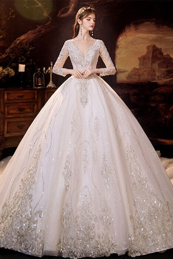 Elegant V-Neck Ball Gown Wedding Dress With Sequins Crystals Long Sleeves-ballbellauk