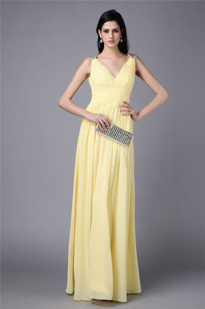 Elegant V-Neck Beading Sleeveless Long Evening Dress Chiffon-ballbellauk