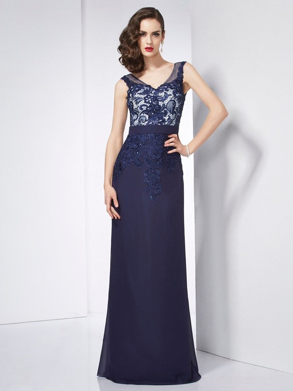 Elegant V-Neck Beading Sleeveless With Appliques Long Evening Dress Chiffon-ballbellauk