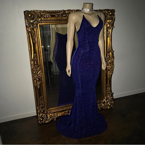 Elegant V-Neck Halter Mermaid Evening Dress with Sequins-ballbellauk