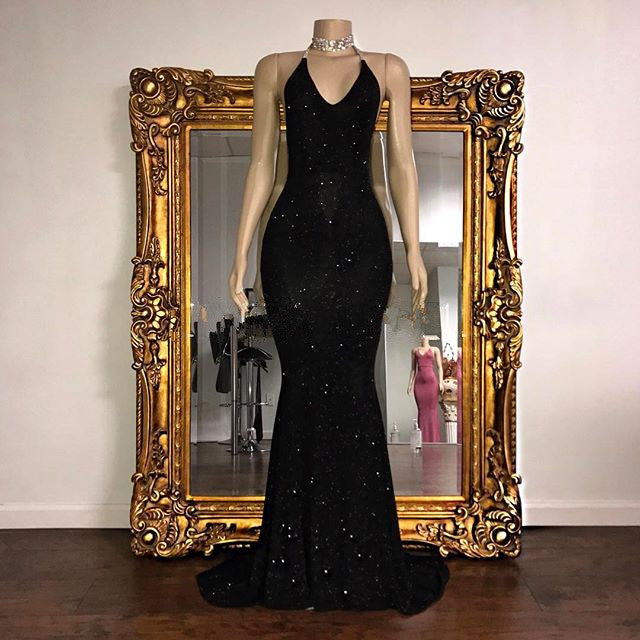 Elegant V-Neck Halter Mermaid Evening Dress with Sequins-ballbellauk