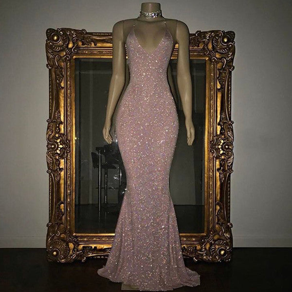 Elegant V-Neck Halter Mermaid Evening Dress with Sequins-ballbellauk