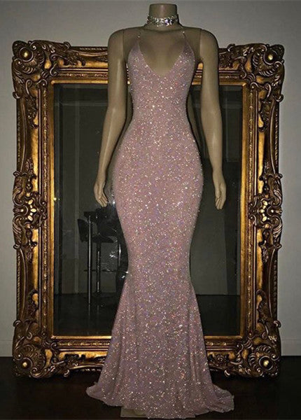 Elegant V-Neck Halter Mermaid Evening Dress with Sequins-ballbellauk