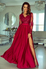 Elegant V-Neck Lace Prom Dress UK with Slit-ballbellauk