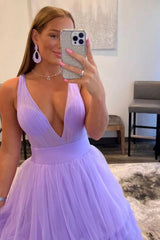 Elegant V-Neck Lilac Tulle Prom Dress UK With Sleeveless-ballbellauk