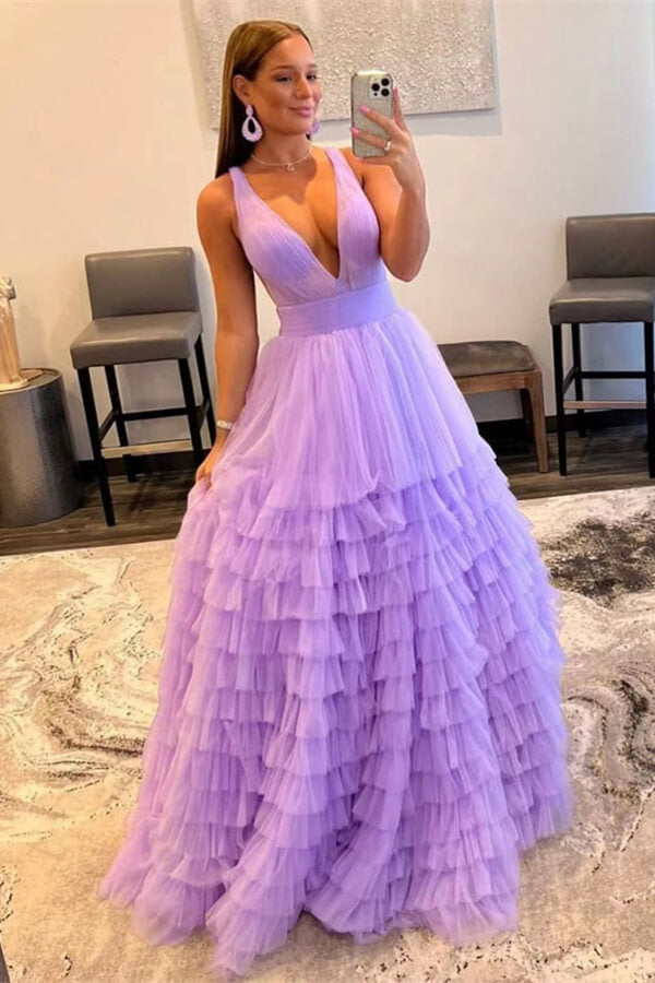 Elegant V-Neck Lilac Tulle Prom Dress UK With Sleeveless-ballbellauk