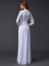 Elegant V-Neck Long Sleeves Ruched Long Evening Dress Chiffon-ballbellauk