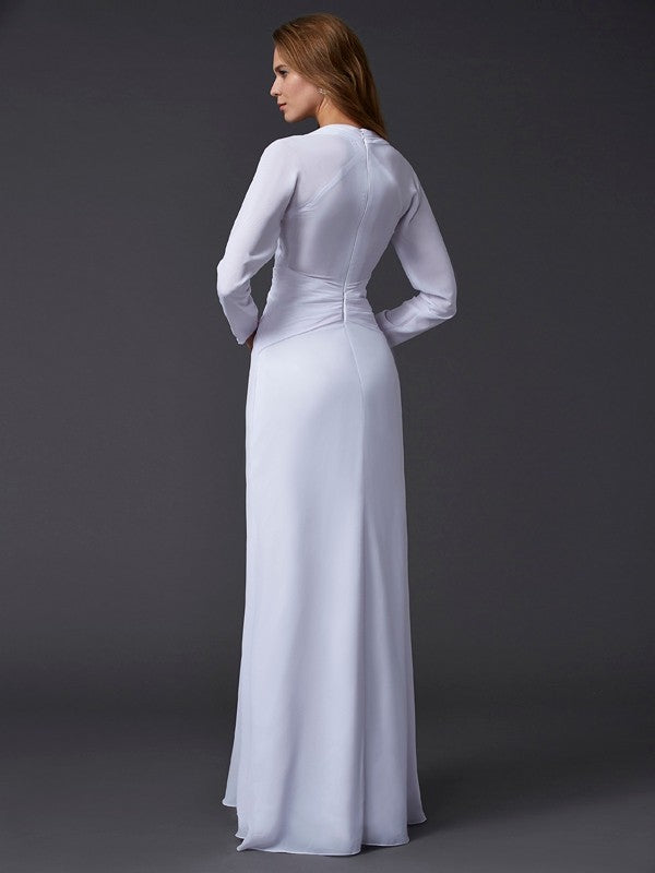 Elegant V-Neck Long Sleeves Ruched Long Evening Dress Chiffon-ballbellauk