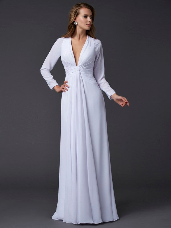 Elegant V-Neck Long Sleeves Ruched Long Evening Dress Chiffon-ballbellauk