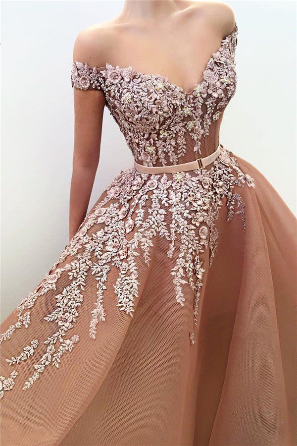 Elegant V-Neck Mermaid Prom Dress UK With Belt and Off-The-Shoulder Appliques-ballbellauk