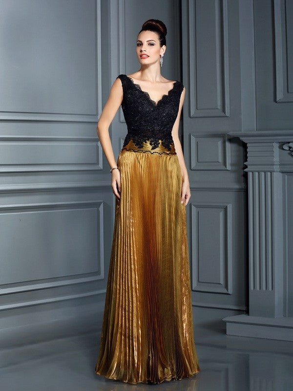 Elegant V-Neck Pearls Sleeveless Long Evening Dress-ballbellauk