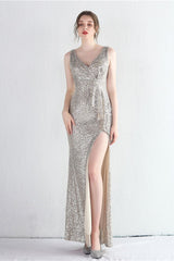 Elegant V-Neck Sleeveless Split Evening Dress With Sequins Online-ballbellauk