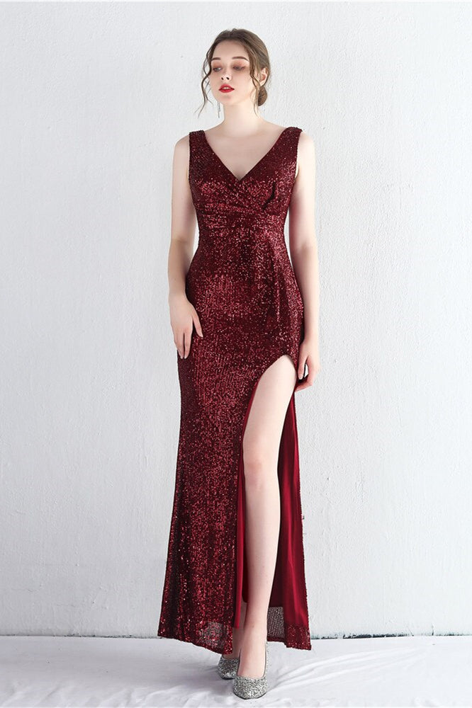 Elegant V-Neck Sleeveless Split Evening Dress With Sequins Online-ballbellauk