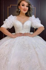 Elegant Vintage Ball Gown Wedding Dress With Lace Appliques Bubble Sleeves-ballbellauk