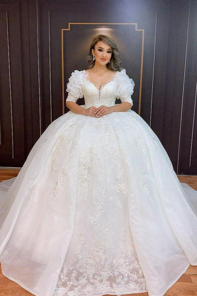 Elegant Vintage Ball Gown Wedding Dress With Lace Appliques Bubble Sleeves-ballbellauk