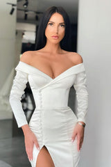 Elegant White Mermaid Evening Dress Off-the-shoulder Split Prom Gown Long Sleeves-ballbellauk