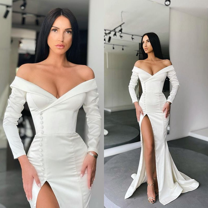 Elegant White Mermaid Evening Dress Off-the-shoulder Split Prom Gown Long Sleeves-ballbellauk