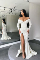 Elegant White Mermaid Evening Dress Off-the-shoulder Split Prom Gown Long Sleeves-ballbellauk