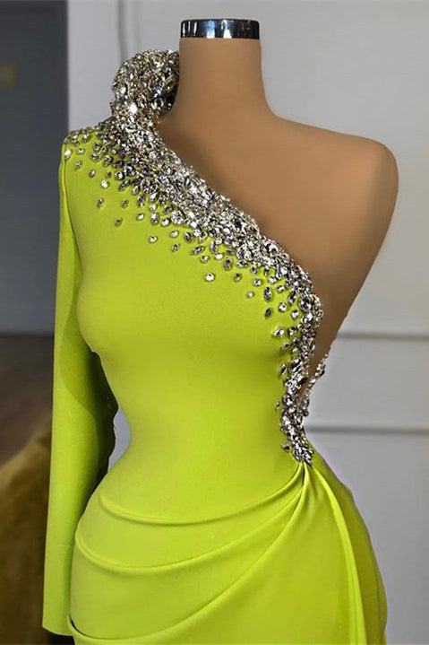 Elegant Yellow Green Long Sleeves One Shoulder Evening Dresses Mermaid With Beadings-ballbellauk