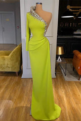 Elegant Yellow Green Long Sleeves One Shoulder Evening Dresses Mermaid With Beadings-ballbellauk