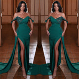 Emerald Green V-Neck Mermaid Evening Dress With Ruffles Split Off-The-Shoulder-ballbellauk