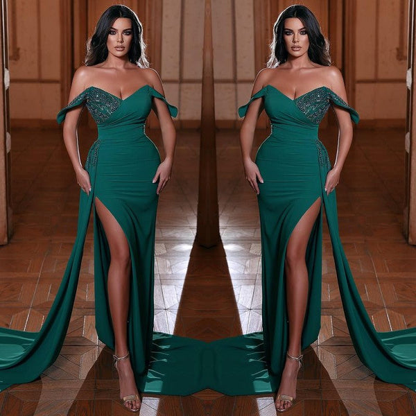 Emerald Green V-Neck Mermaid Evening Dress With Ruffles Split Off-The-Shoulder-ballbellauk