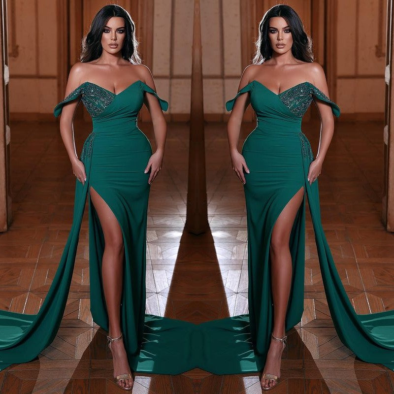 Emerald Green V-Neck Mermaid Evening Dress With Ruffles Split Off-The-Shoulder-ballbellauk