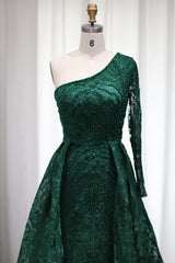 Emerald One Shoulder Long Sleeves Tulle Prom Dress UK with Diamond Appliques-ballbellauk