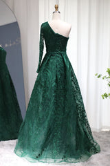 Emerald One Shoulder Long Sleeves Tulle Prom Dress UK with Diamond Appliques-ballbellauk