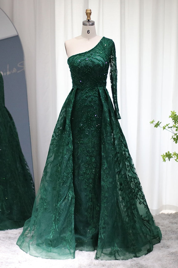 Emerald One Shoulder Long Sleeves Tulle Prom Dress UK with Diamond Appliques-ballbellauk