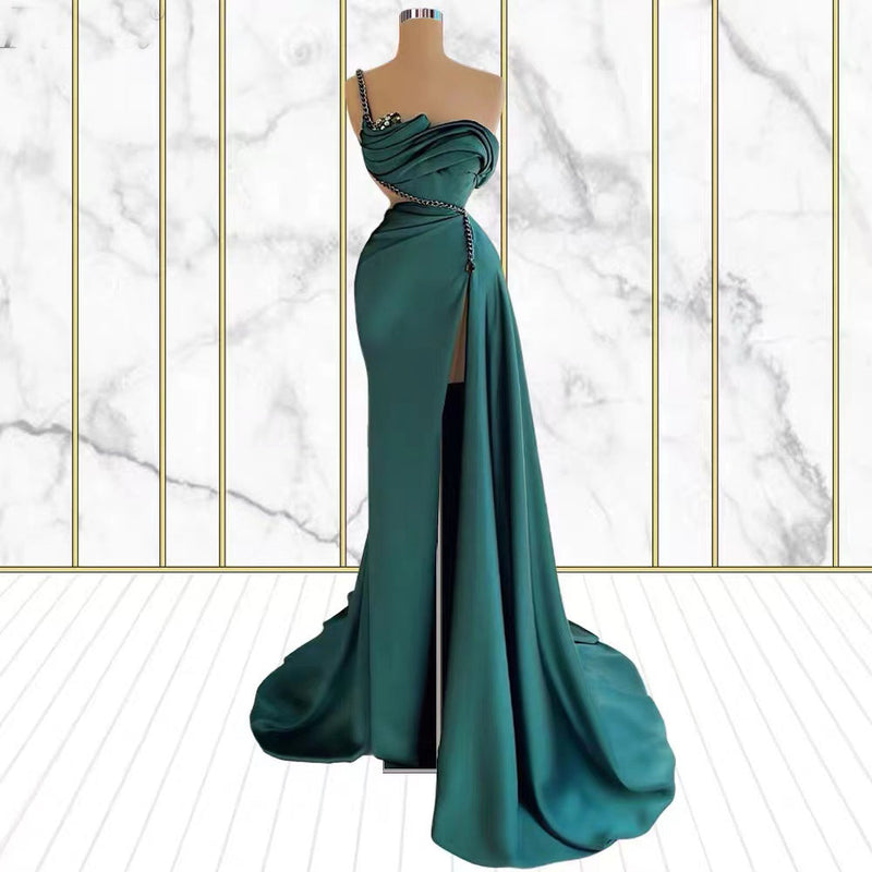 Emerald Rhinestone Mermaid One Shoulder Prom Dress UK With Split-ballbellauk