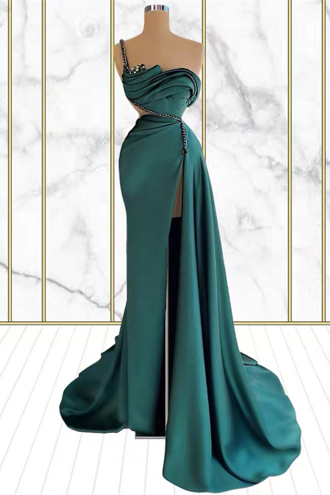 Emerald Rhinestone Mermaid One Shoulder Prom Dress UK With Split-ballbellauk