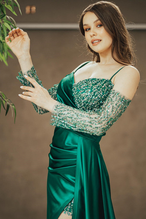 Emerald Sequins Prom Dress UK with Slit Pleated Off-The-Shoulder Spaghetti-Strap-ballbellauk