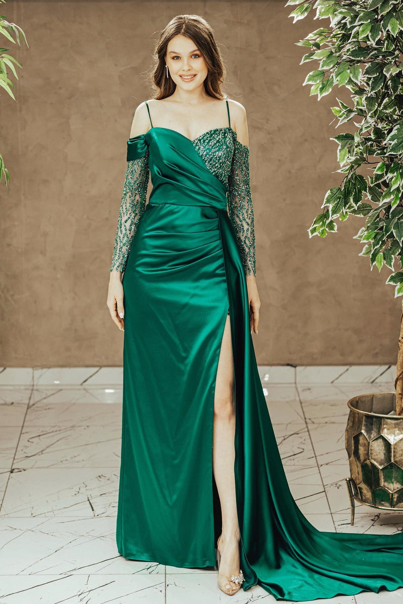 Emerald Sequins Prom Dress UK with Slit Pleated Off-The-Shoulder Spaghetti-Strap-ballbellauk