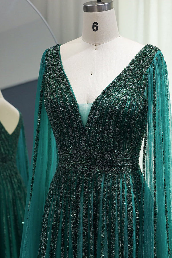 Emerald V Neck A Line Prom Dress UK With Cap Sleeves and Beaded Tulle Appliques-ballbellauk