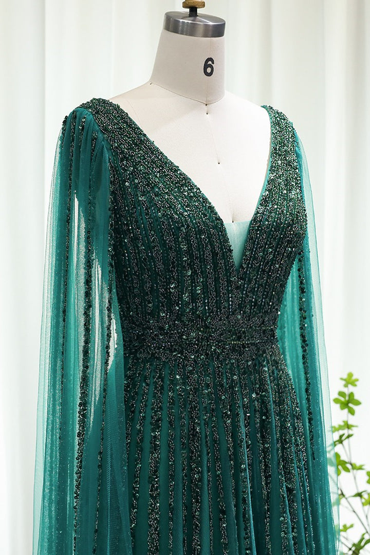 Emerald V Neck A Line Prom Dress UK With Cap Sleeves and Beaded Tulle Appliques-ballbellauk