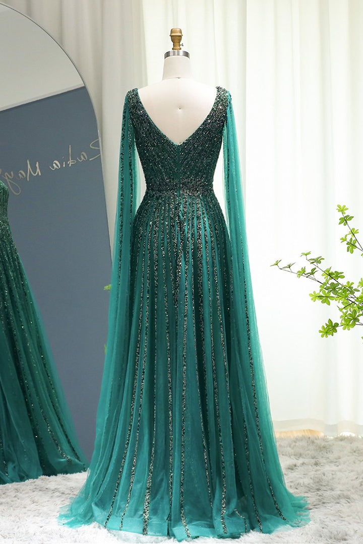 Emerald V Neck A Line Prom Dress UK With Cap Sleeves and Beaded Tulle Appliques-ballbellauk