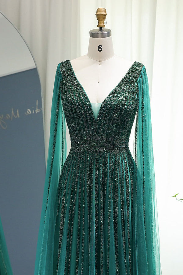 Emerald V Neck A Line Prom Dress UK With Cap Sleeves and Beaded Tulle Appliques-ballbellauk