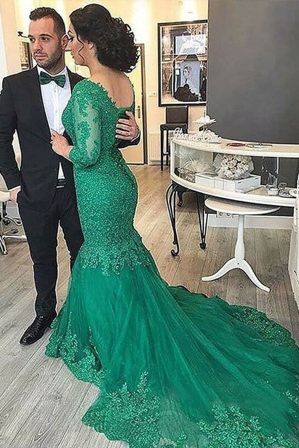 Emerald V-Neck Mermaid Prom Dress UK with 3/4 Sleeves and Lace Appliques-ballbellauk