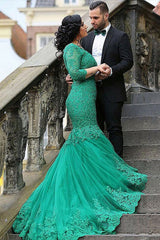 Emerald V-Neck Mermaid Prom Dress UK with 3/4 Sleeves and Lace Appliques-ballbellauk