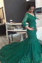 Emerald V-Neck Mermaid Prom Dress UK with 3/4 Sleeves and Lace Appliques-ballbellauk