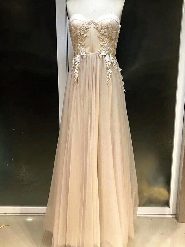 Empire Sleeveless Sweetheart Long With Appliques Tulle Prom Dress-ballbellauk