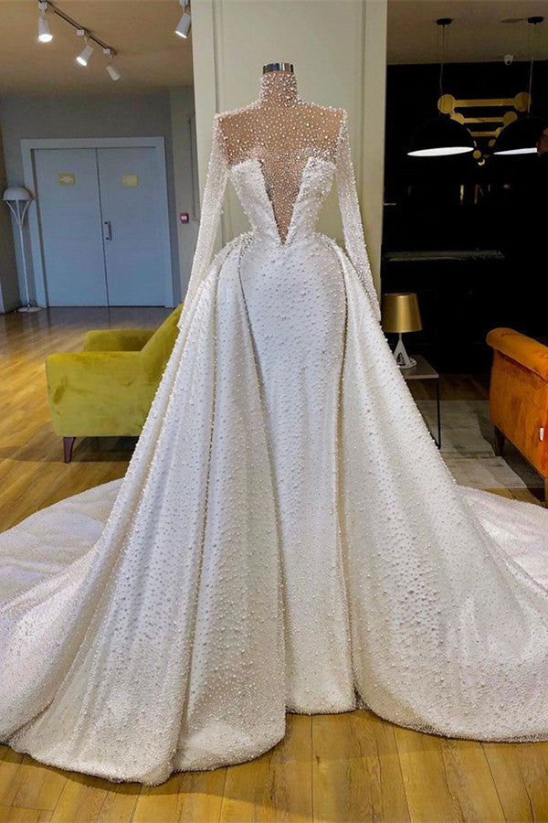 Fabulous High Neck Pearls Wedding Dress With Detachable Skirt Long Sleeves-ballbellauk