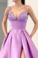 Fabulous Lilac Spaghetti-Straps Sleeveless Evening Dresses Slit Long With Sequins-ballbellauk